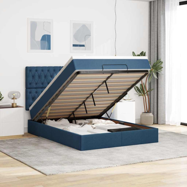 Estructura de cama otomana colchón tela azul pardo 140x200cm Estructura de cama otomana colchón tela azul pardo 140x200cm D