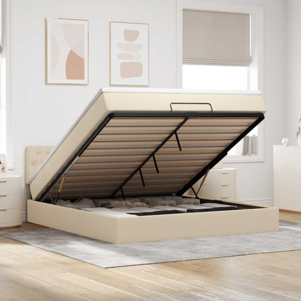 Estructura de cama otomana con colchón tela crema 160x200cm Estructura de cama otomana con colchón tela crema 160x200cm D