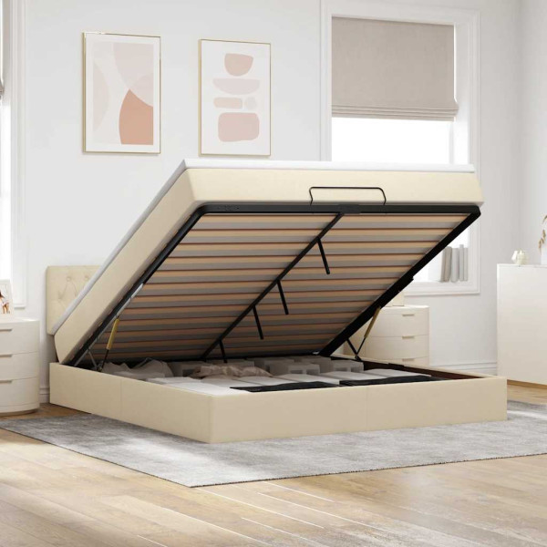 Estructura de cama otomana con colchón tela crema 160x200cm Estructura de cama otomana con colchón tela crema 160x200cm D