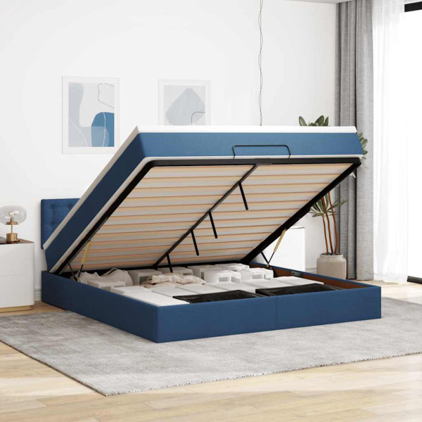 Estructura de cama otomana con colchón tela azul 180x200cm Estructura de cama otomana con colchón tela azul 180x200cm D