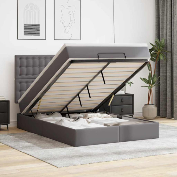 Estructura cama otomana colchón gris 140x190cm cuero sintético Estructura cama otomana colchón gris 140x190cm cuero sintético D