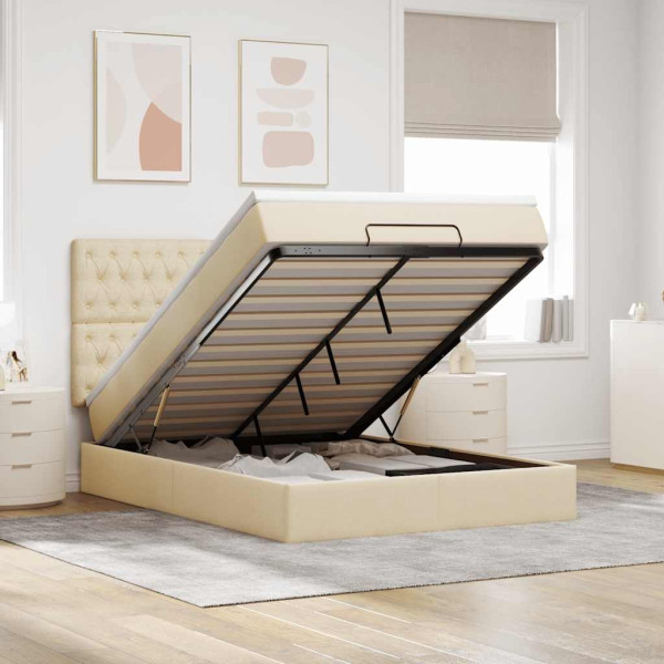 Estructura de cama otomana con colchón tela crema 140x190cm Estructura de cama otomana con colchón tela crema 140x190cm D