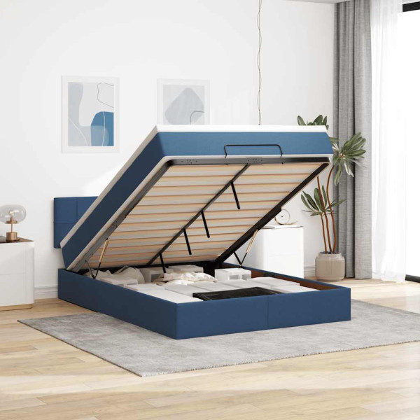 Estructura de cama otomana con colchón tela azul 140x190cm Estructura de cama otomana con colchón tela azul 140x190cm D