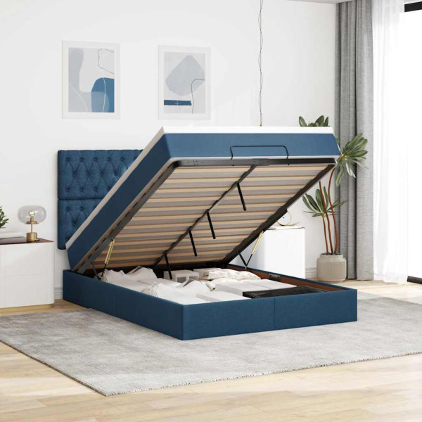 Estructura de cama otomana con colchón tela azul 140x190cm Estructura de cama otomana con colchón tela azul 140x190cm D