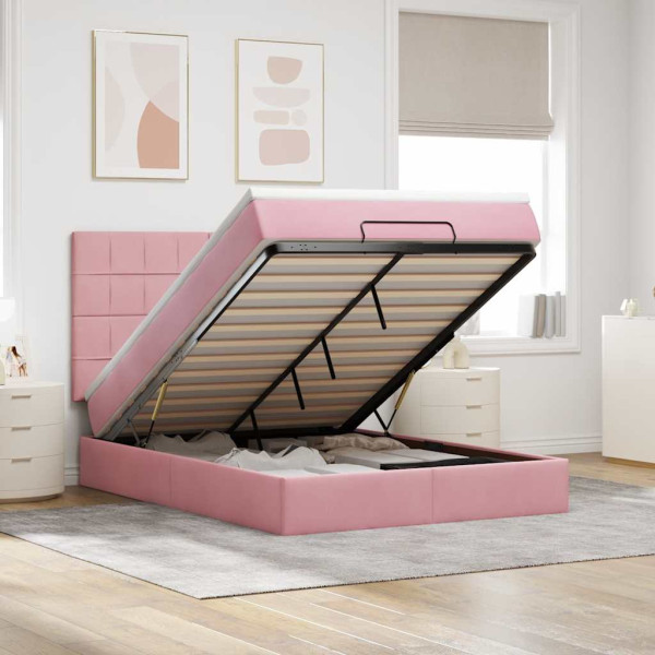 Estructura cama otomana con colchones terciopelo rosa 140x190cm Estructura cama otomana con colchones terciopelo rosa 140x190cm D