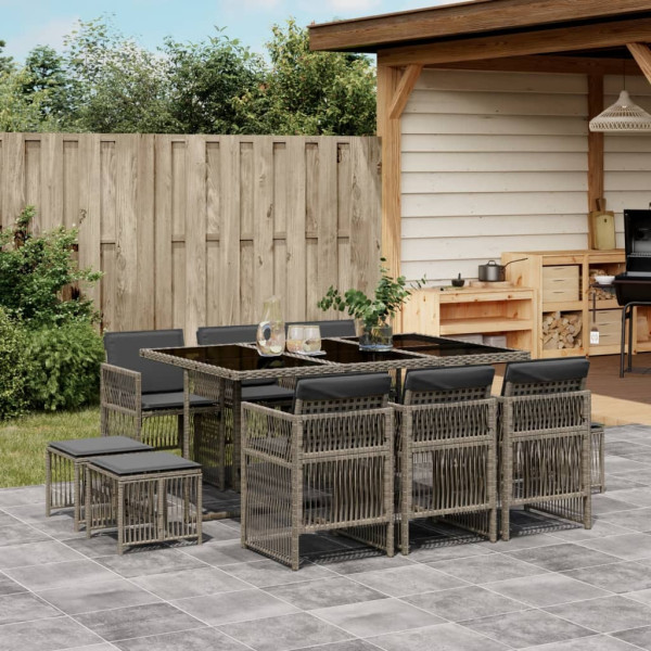 Set de comedor de jardín 11 pzas y cojines ratán sintético gris D