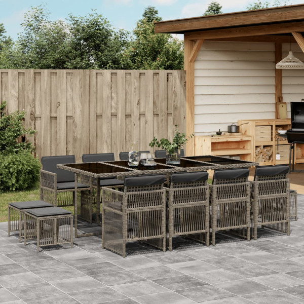 Set comedor de jardín con cojines 13 pzas ratán sintético gris D