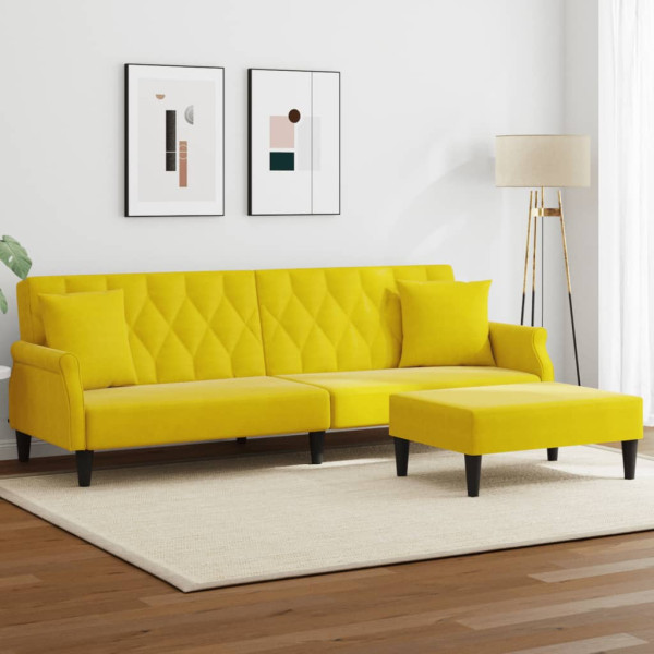 Sofá cama 2 plazas con almohadas taburete terciopelo amarillo D