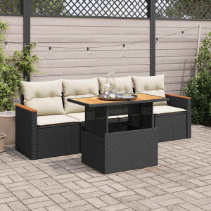Set sofás jardín y cojines 5 pzas ratán sintético acacia negro D