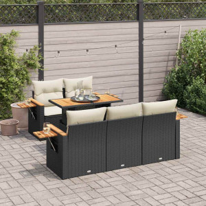 Set sofás jardín y cojines 6 pzas ratán sintético acacia negro D