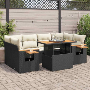 Set sofás jardín y cojines 7 pzas ratán sintético acacia negro D