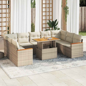 Set sofás jardín y cojines 10 pzas ratán sintético acacia beige D