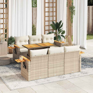 Set sofás jardín y cojines 7 pzas ratán sintético acacia beige D