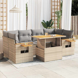 Set sofás jardín y cojines 7 pzas ratán sintético acacia beige D