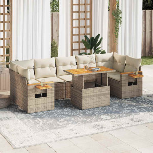 Set sofás jardín y cojines 8 pzas ratán sintético acacia beige D