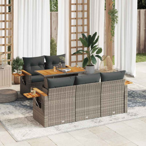 Set sofás jardín y cojines 6 pzas ratán sintético acacia gris D