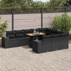Set sofás jardín y cojines 10 pzas ratán sintético acacia negro D