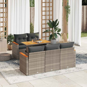 Set sofás jardín y cojines 6 pzas ratán sintético acacia gris D