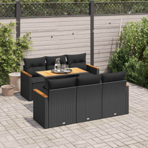 Set sofás jardín y cojines 7 pzas ratán sintético acacia negro D