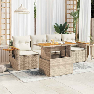 Set sofás jardín y cojines 5 pzas ratán sintético acacia beige D