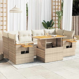 Set sofás jardín y cojines 7 pzas ratán sintético acacia beige D