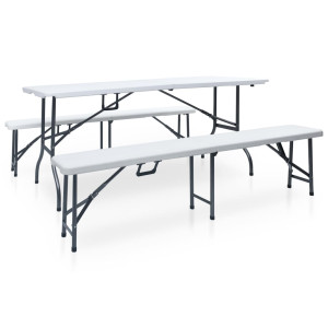 Mesa de jardín plegable con 2 bancos acero y HDPE blanco 180 cm D