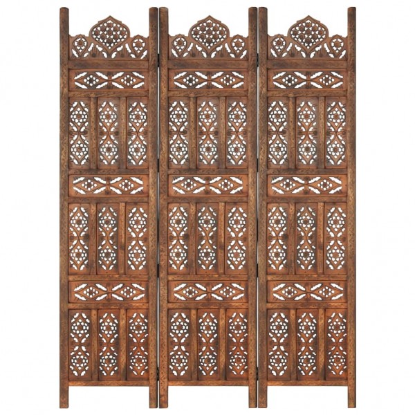 Biombo 3 paneles tallado a mano madera mango marrón 120x165 cm D