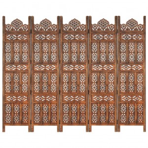 Biombo 5 paneles tallado a mano madera mango marrón 200x165 cm D
