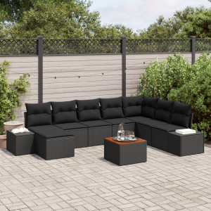 Conjunto de Sofá de Jardín de 9 Piezas con Cojines Negro Poliratán Acacia D