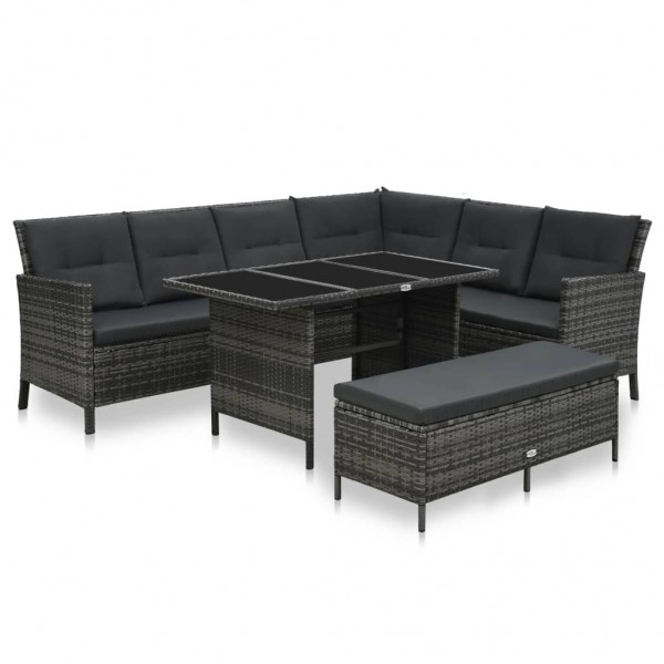 Set de muebles de jardín 3 pzas y cojines ratán sintético gris D