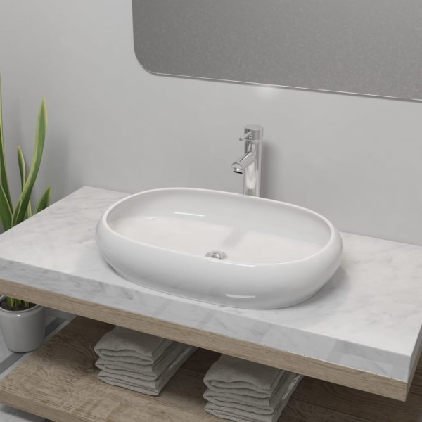 Lavabo de baño ovalado con grifo mezclador cerámica blanco D