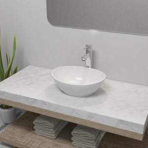 Lava-louça com torneira de mistura cerâmica oval branco D