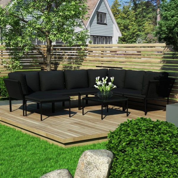 Conjunto de mobília de jardim 8 peças com almofadas PVC preto D