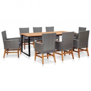 Set comedor jardín 9 pzas ratán sintético y madera acacia gris D