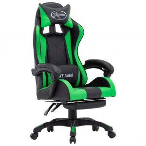 Cadeira de jogos com suporte de pé de couro sintético verde e preto D