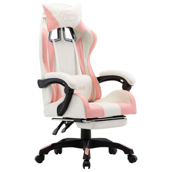 Cadeira de jogos com apoio de pés de couro sintético rosa e branco D