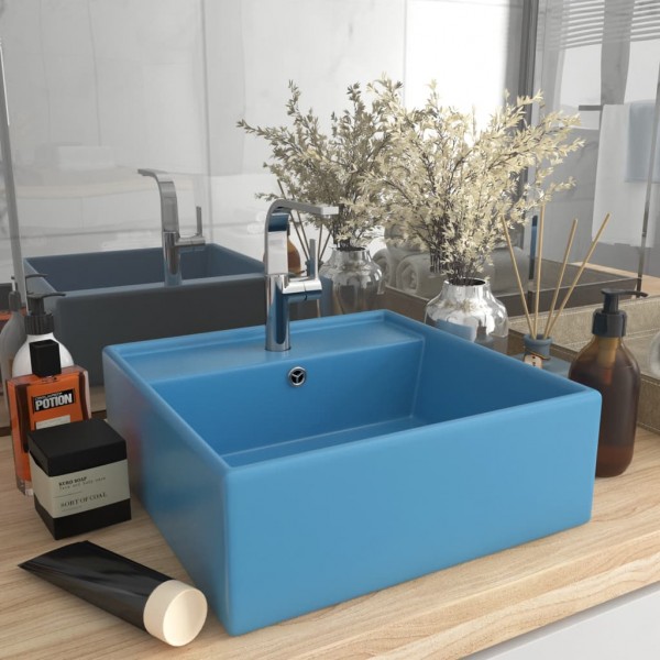 Lavabo cuadrado rebosadero cerámica azul claro mate 41x41 cm D