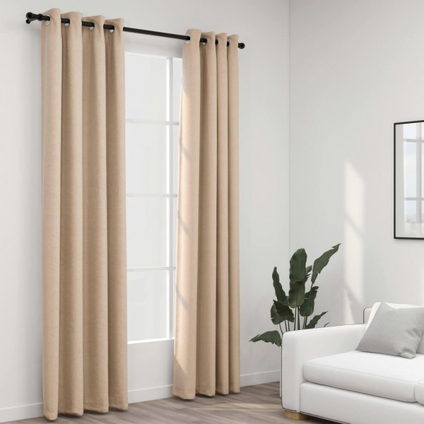 Cortinas opacas con ojales look de lino 2 pzas beige 140x225 cm D