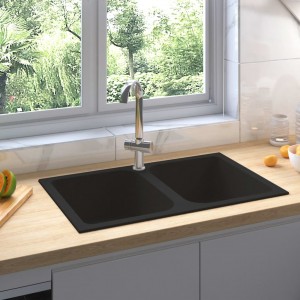 Fregadero de cocina doble seno con rebosadero granito negro D