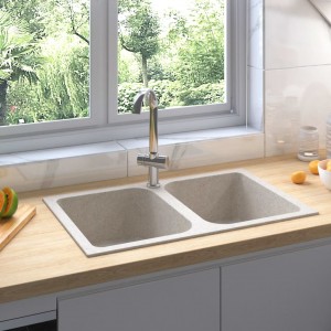 Fregadero de cocina doble seno con rebosadero granito beige D