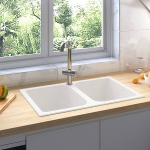 Fregadero de cocina doble seno con rebosadero granito blanco D