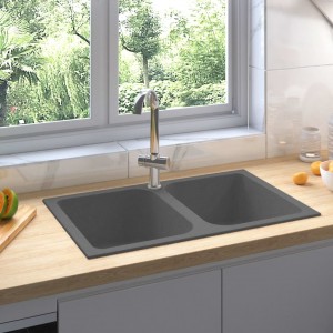 Fregadero de cocina doble seno con rebosadero granito gris D