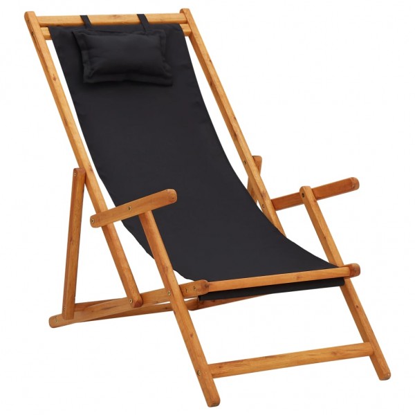 Cadeira de praia dobrável de madeira maciça de eucalipto e tecido preto D