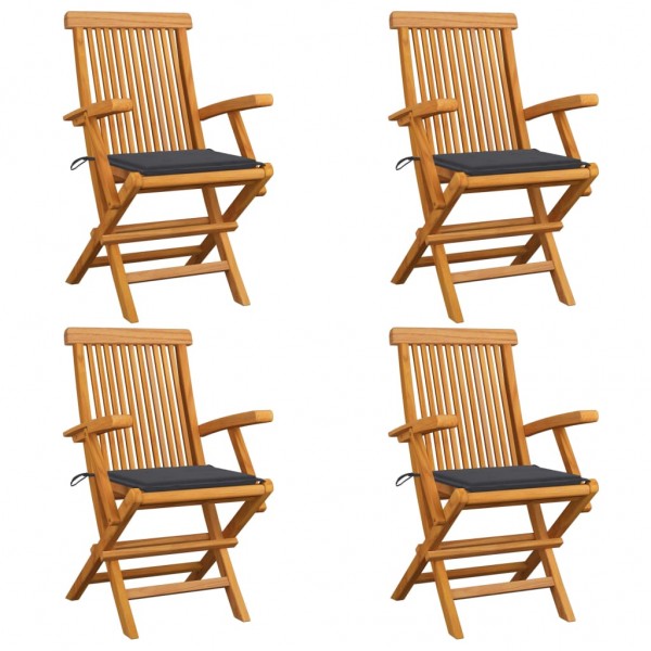 Quatro cadeiras de jardim de madeira teca com almofadas cinza-antracita D