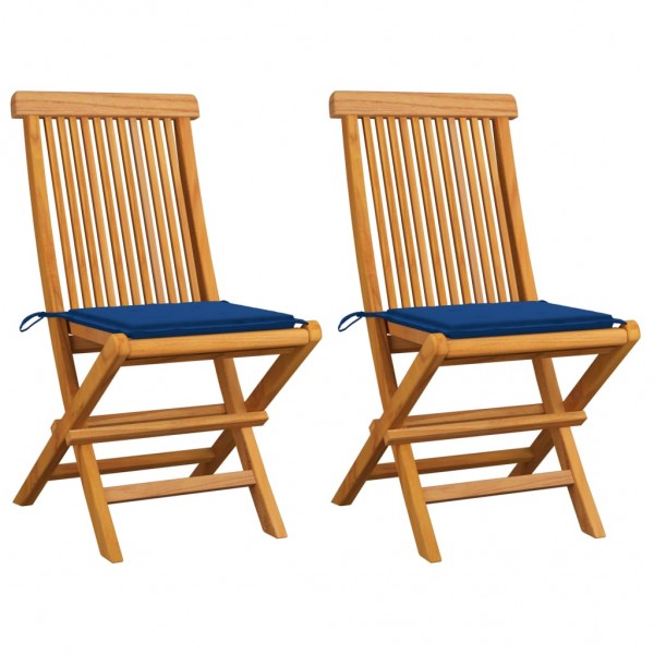 Cadeiras de jardim 2 unidades com almofadas azuis madeira de teca D