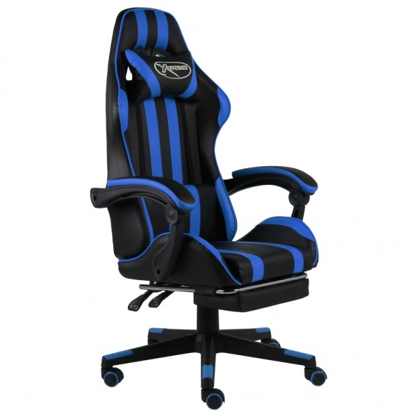 Cadeira gamer com apoio para pés em couro sintético preto e azul D