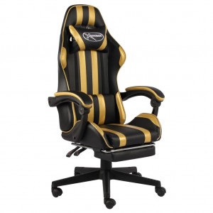 Silla gaming con reposapiés cuero sintético negro y dorado D