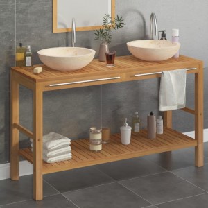 Mueble tocador madera teca maciza con lavabos de mármol crema D