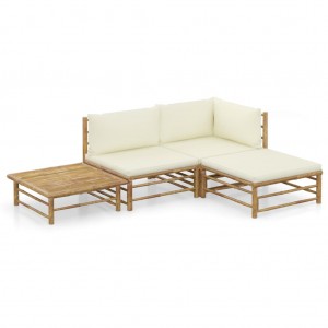 Set de muebles de jardín 4 piezas bambú y cojines blanco crema D