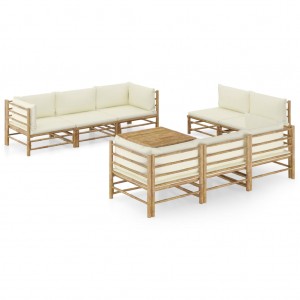 Conjunto de mobiliário de jardim 9 peças de bambu e almofadas branco creme D